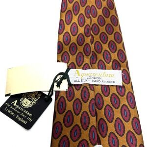 New Aquascutum Silk Tie One Size Gold Burgundy‎ Medallion New England Hand Made